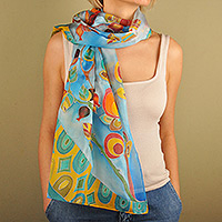 Hand painted silk scarf, 'Meghri Garden' - Hand-Painted Leafy and Floral Light Blue Silk Scarf