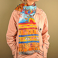 Hand-painted silk scarf, 'Erebuni Heritage' - Traditional Hand-Painted Silk Scarf in a Colorful Palette