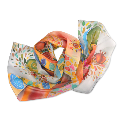 Hand painted silk scarf, 'Pomegranate Heaven' - Hand-Painted Pomegranate-Themed Light Blue Silk Scarf