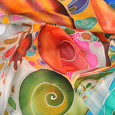 Hand painted silk scarf, 'Pomegranate Heaven' - Hand-Painted Pomegranate-Themed Light Blue Silk Scarf