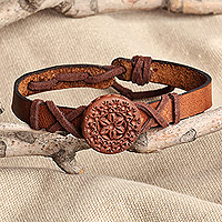 Leather and wood pendant bracelet, 'Armenian Daisy' - Leather Bracelet with Wooden Armenian Pendant for Protection