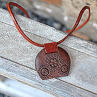 Leather and wood choker pendant necklace, 'Armenian Daisy' - Leather Choker Necklace with Wooden Armenian Pendant