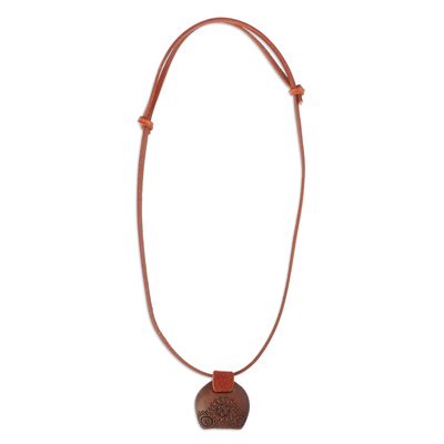 Leather and wood choker pendant necklace, 'Armenian Daisy' - Leather Choker Necklace with Wooden Armenian Pendant