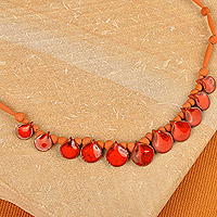 Ceramic beaded necklace, 'Flaming Droplets' - Hand-Painted Ceramic Beaded Droplet Necklace in Red & Orange