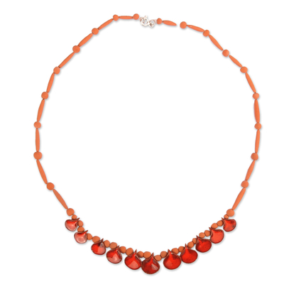 Ceramic beaded necklace, 'Flaming Droplets' - Hand-Painted Ceramic Beaded Droplet Necklace in Red & Orange