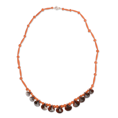 Ceramic beaded necklace, 'Magnetic Droplets' - Hand-Painted Grey and Orange Ceramic Beaded Droplet Necklace