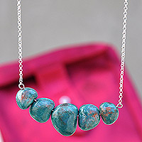 Ceramic pendant necklace, 'Teal Sky' - Modern Ceramic and 925 Silver Pendant Necklace from Armenia