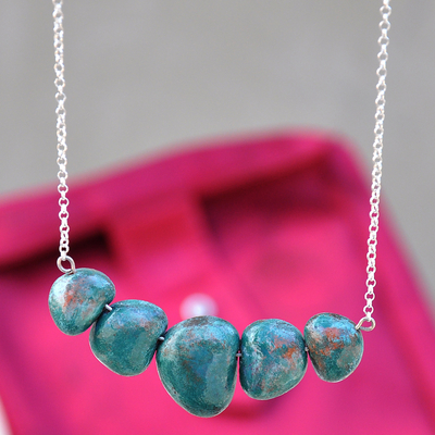 Ceramic pendant necklace, 'Teal Sky' - Modern Ceramic and 925 Silver Pendant Necklace from Armenia