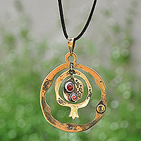 Carnelian choker pendant necklace, 'Nur Amulet' - Pomegranate-Themed Brass and Carnelian Pendant Necklace