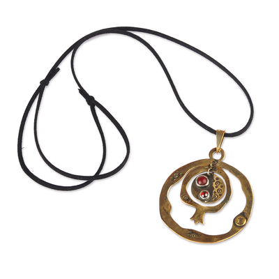 Carnelian choker pendant necklace, 'Nur Amulet' - Pomegranate-Themed Brass and Carnelian Pendant Necklace