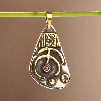 Carnelian choker pendant necklace, 'Ancient Sign' - Traditional Brass and Carnelian Choker Pendant Necklace