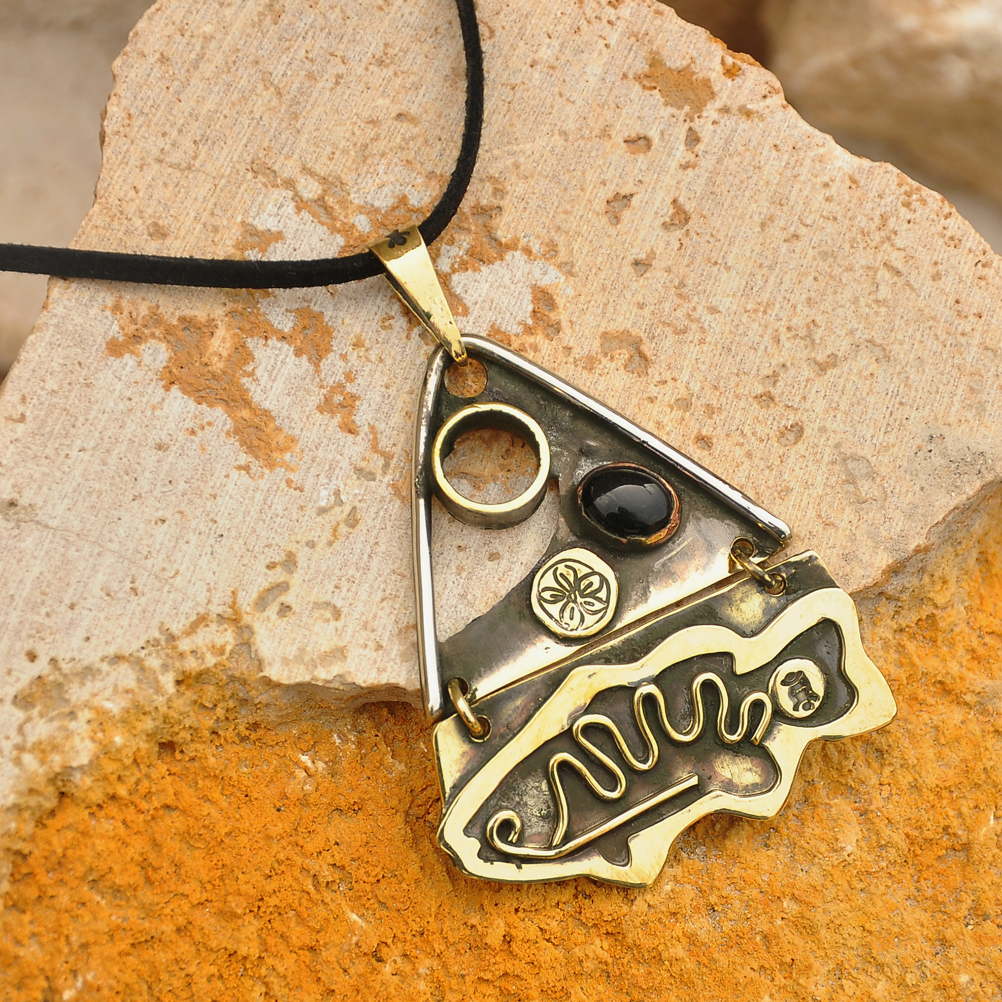 Fish-Themed Brass and Melchior Pendant Necklace with Onyx - Fish Life