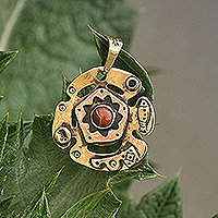 Carnelian pendant necklace, 'Sun over Armenia' - Brass and Sterling Silver Pendant Necklace with Carnelian