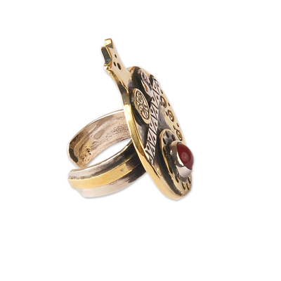 Carnelian cocktail ring, 'Pomegranate Amulet' - Pomegranate-Shaped Brass Cocktail Ring with Carnelian Gem
