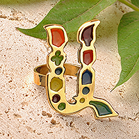Enamel and brass cocktail ring, 'Armenian A' - Brass Cocktail Ring with Hand-Painted Enamel Accents