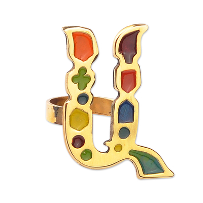 Enamel and brass cocktail ring, 'Armenian A' - Brass Cocktail Ring with Hand-Painted Enamel Accents