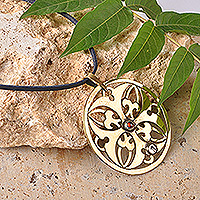 Carnelian pendant necklace, 'Palatial Clover' - Clover-Themed Brass Pendant Necklace with Carnelian Stone