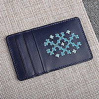 Leather card holder, 'Blue Marash' - Blue Leather Card Holder with Traditional Marash Embroidery