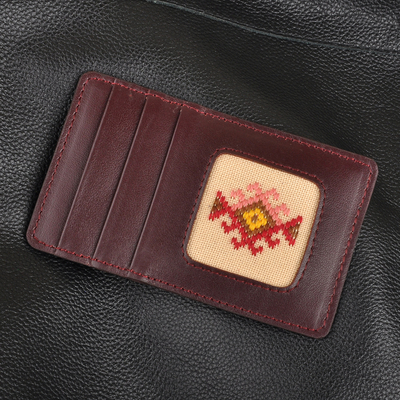 Embroidered leather card holder, 'Armenian Flair' - Leather Card Holder with Armenian Hand-Embroidered Motif