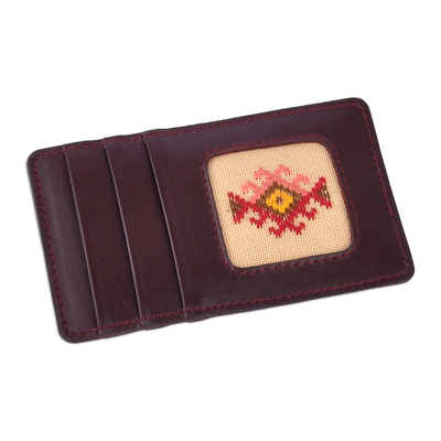 Embroidered leather card holder, 'Armenian Flair' - Leather Card Holder with Armenian Hand-Embroidered Motif