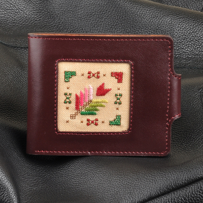 Leather wallet, 'Frugal Tradition in Brown' - Brown Leather Wallet with Floral Cross-Stitch Textile Accent