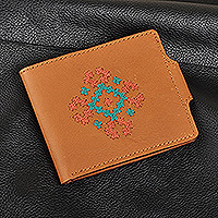 Leather wallet, 'Marash Fortune in Brown' - Cross-Stitch Embroidered Brown Leather Wallet from Armenia