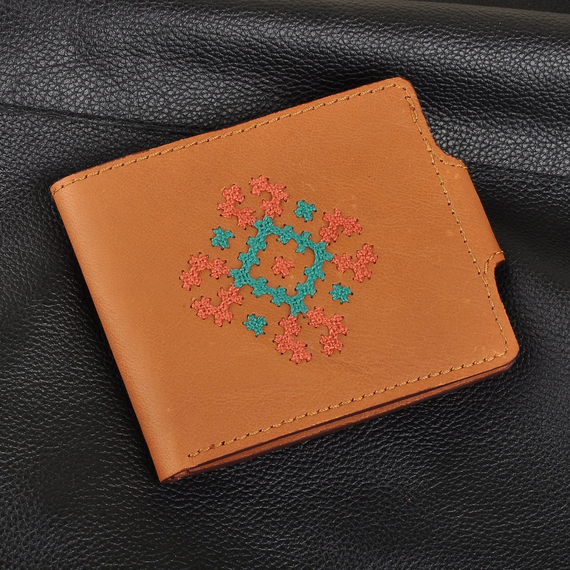 Cross-Stitch Embroidered Green Leather Wallet from Armenia