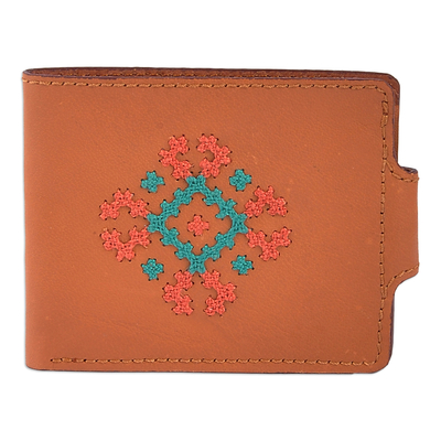 Billetera de cuero - Cartera de cuero marrón bordada en punto de cruz de Armenia