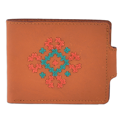 Cross-Stitch Embroidered Green Leather Wallet from Armenia