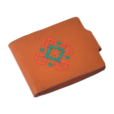 Billetera de cuero - Cartera de cuero marrón bordada en punto de cruz de Armenia