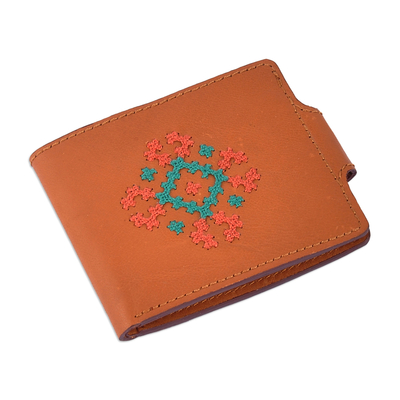 Cross-Stitch Embroidered Green Leather Wallet from Armenia