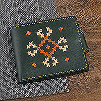 Leather wallet, 'Marash Fortune in Green' - Cross-Stitch Embroidered Green Leather Wallet from Armenia