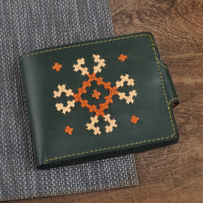 Ledergeldbörse - Kreuzstichbestickte grüne Lederbrieftasche aus Armenien