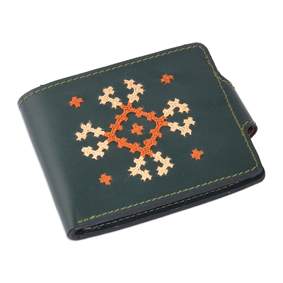 Ledergeldbörse - Kreuzstichbestickte grüne Lederbrieftasche aus Armenien
