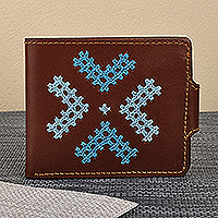 Leather wallet, 'Marash Fortune in Dark Brown' - Cross-Stitch Embroidered Brown and Blue Leather Wallet