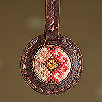 Leather keychain, 'Svaz Armenia' - Handcrafted Brown Leather Keychain with Svaz Textile