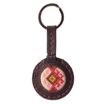 Leather keychain, 'Svaz Armenia' - Handcrafted Brown Leather Keychain with Svaz Textile