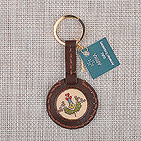 Leather keychain, 'Van Armenia' - Handcrafted Brown Leather Keychain with Van Textile