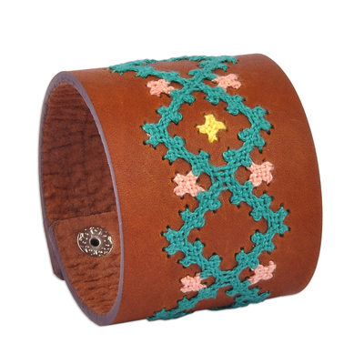 Leather wristband bracelet, 'Marash Waves' - Brown Leather Wristband Bracelet with Geometric Details