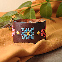 Leather wristband bracelet, 'Marash Blooms' - Dark Brown Leather Wristband Bracelet with Floral Details