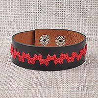Leather wristband bracelet, 'Ancestral Vines' - Embroidered Red and Brown Leather Wristband Bracelet