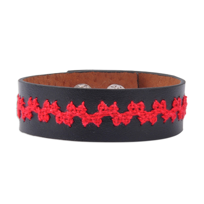 Armband aus Leder - Besticktes rotes und braunes Lederarmband