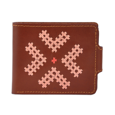 Embroidered leather wallet, 'Marash Fortune' - Brown Leather Wallet with Colorful Armenian Hand Embroidery