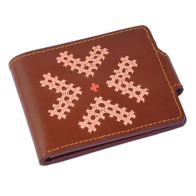 Embroidered leather wallet, 'Marash Fortune' - Brown Leather Wallet with Colorful Armenian Hand Embroidery