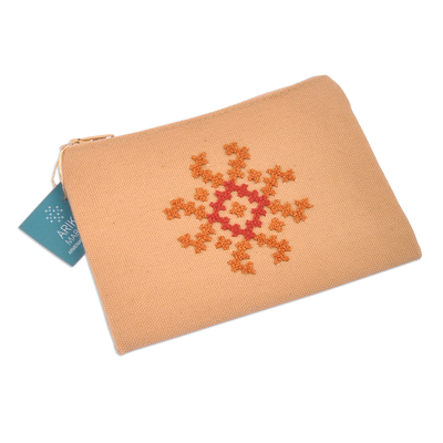 Cotton cosmetic bag, 'Marash Flower' - Handcrafted Flower-Themed Embroidered Cotton Cosmetic Bag