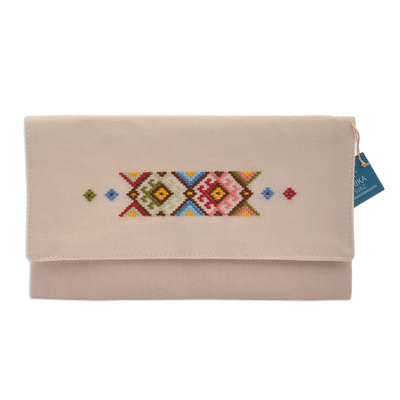 Cotton clutch, 'Svaz Dame' - Beige Cotton Clutch With Geometric Svaz Embroidery Accent