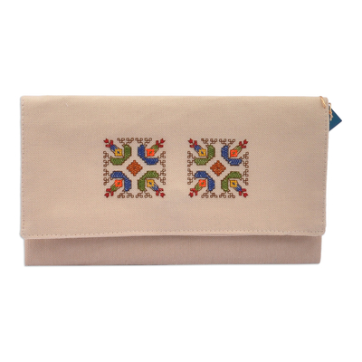Cotton clutch, 'Van Dame' - Beige Cotton Clutch With Geometric Van Embroidery Accent