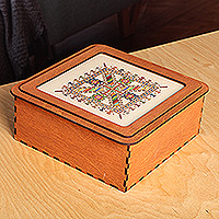 Wood jewelry box, 'Spectacular Colors' - Wood Jewelry Box with Cotton Embroidered Motif on the Lid