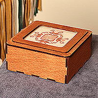 Wood jewellery box, 'Hibiscus Splendor' - Armenian Handmade Wood jewellery Box with Embroidered Motif