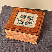 Wood jewelry box, 'Charming Lotus' - Handmade Wood Jewelry Box Topped by Cotton Embroidered Motif